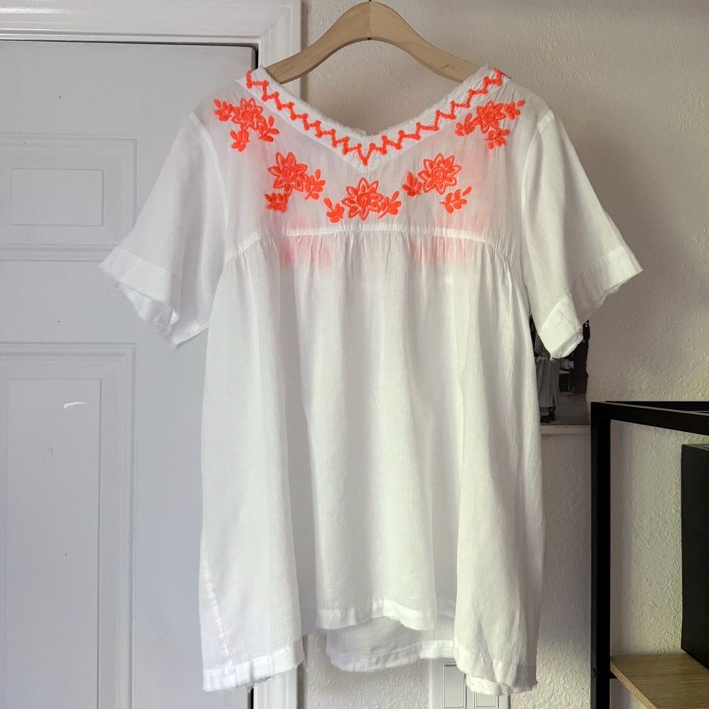 JP AND MATTIE white cotton gauze‎ floral embroidered short sleeve boxy shirt top